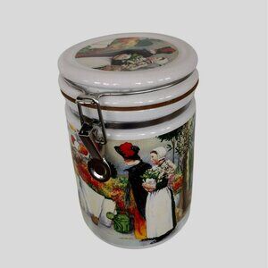 Chaleur Ceramic Canister, Day In Bloom, Airtight Clamp Lid, Floral Market Scene
